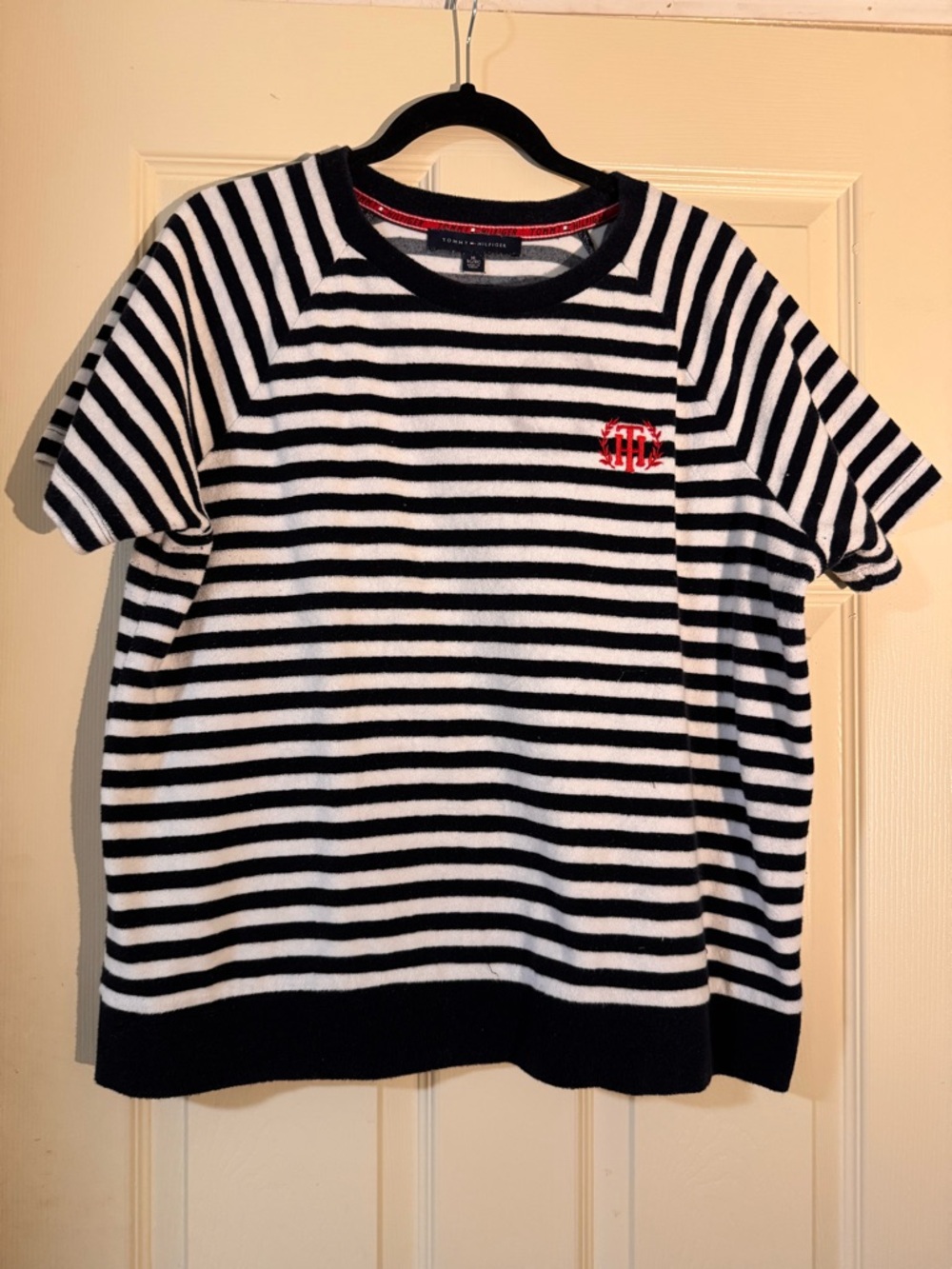 Tommy Hilfiger Navy & White Striped Crewneck Top with Red Trim